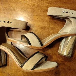 *sold*BERNARDO Hayden tan suede geo wooden heeled sandal
